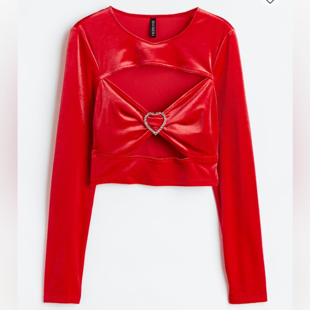 NWT Divided by H&M red velvet, cut out crop tops with long sleeves, Sz. Lg.